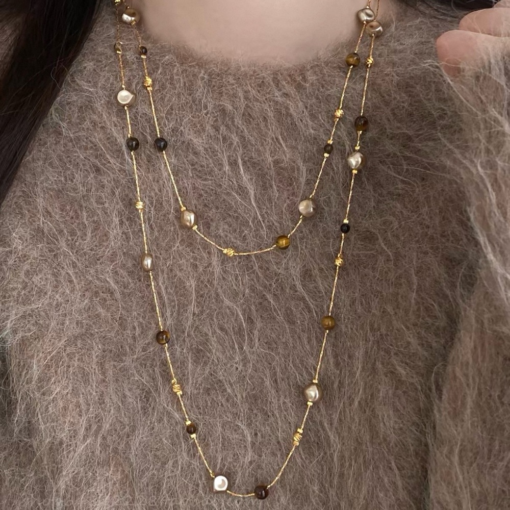 Gold-Tone Layered Pearl & Bead Necklace - Elegant Brown and Cream